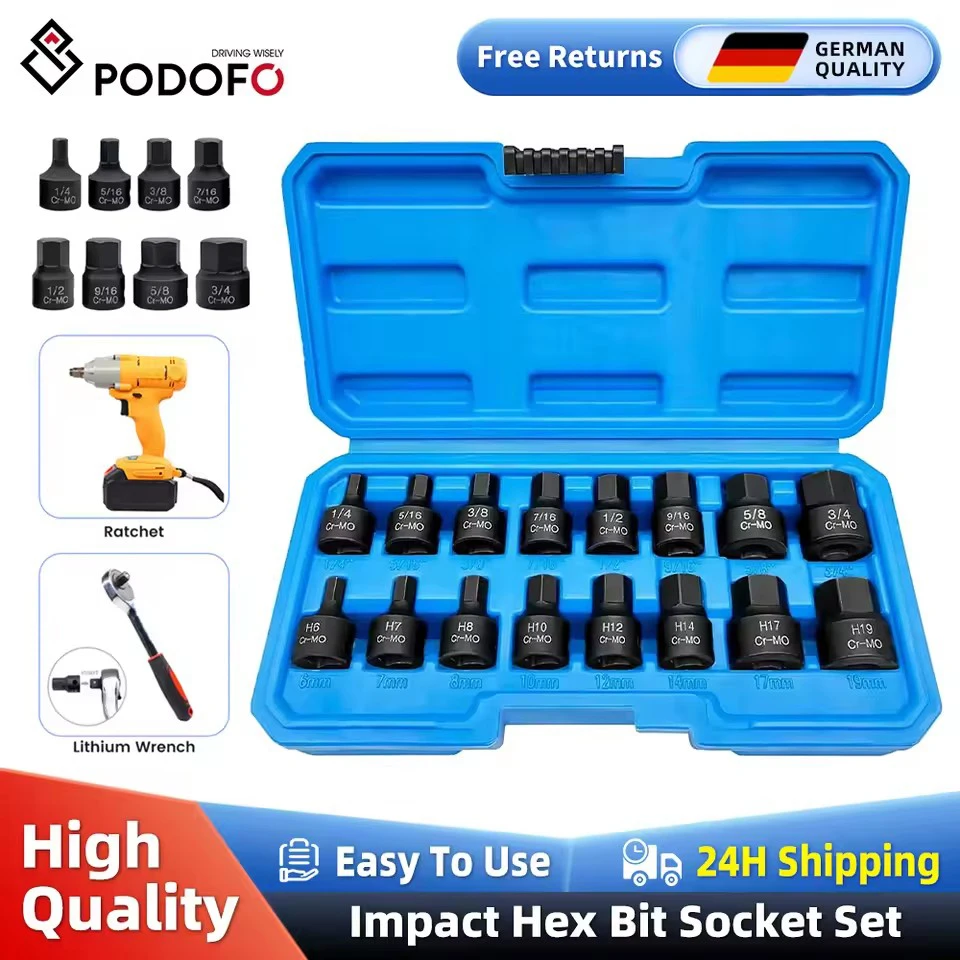 Podofo 16 pièces 3/8 pouces entraînement Air embout hexagonal jeu de douilles Kit d'outils de réparation 6MM-19MM pour Kit d'outils de réparation et d'entretien Automobile