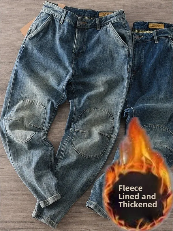 

Retro Thiened Men's Jeans Casual Workwear Pants Winter New Sle Heavy Du Trousers Vintage Waed Cuffed Durable Jeans