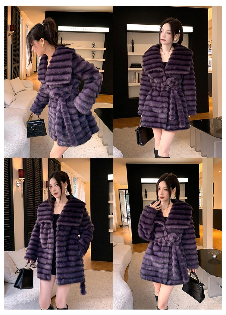 Light Luxury Socialite Large Lapel Fur Winter New Elegant High-End Striped Belt Slim Mid-Length Eco-Friendly Fur Coat for Women