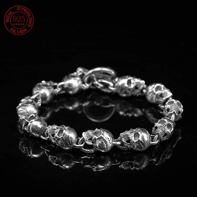 YISON New Unisex S925 Silver Vintage Style Handmade Skull Motorcycle Hand String Trend Men's and Women's Skeleton Punk Bracelet