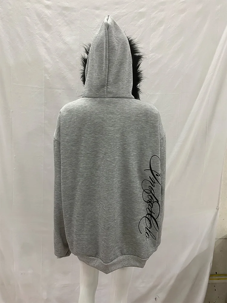 Zimowa ciepła bluza z kapturem, podszyta sztucznym futrem, damska, modna, z nadrukiem, zapinana na zamek, damska, codzienna, oversize, streetwearowa, wygodna bluza z kapturem, 2026