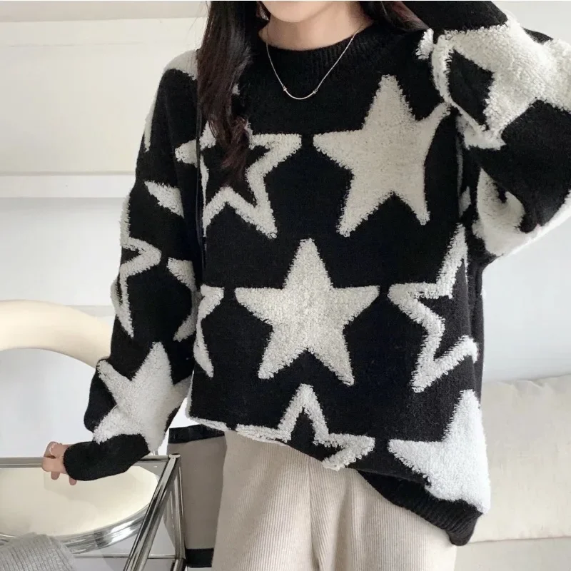 

Women's Star Color - Block Round Neck Loose Sweater 2025 Autumn Winter