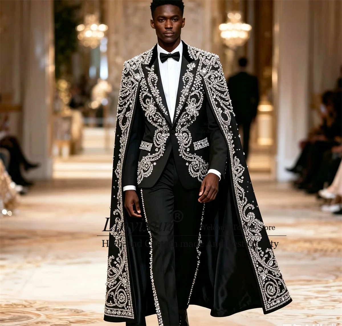 High End Jewelry Diamond Men Suits 3 Pieces Sets Wedding Groom Male Blazer Customized Long Coats Tuxedos Slim Fit Ropa Hombre