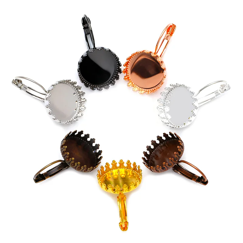10pcs Brass Fit 12mm 15mm Crown Round Cabochon Earring Settings Ear Hooks Bronze Silver Rose Gold Black Plated Base Blank Tray