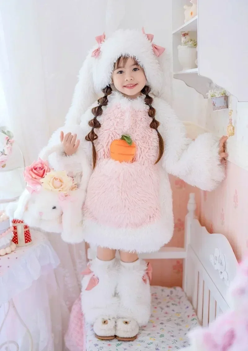 Children\'s Fashion Rabbit Plush Set with Bow Elements Winter New Cute Long Eared Hat Sweater Shorts Leg Set Rabbit Baby
