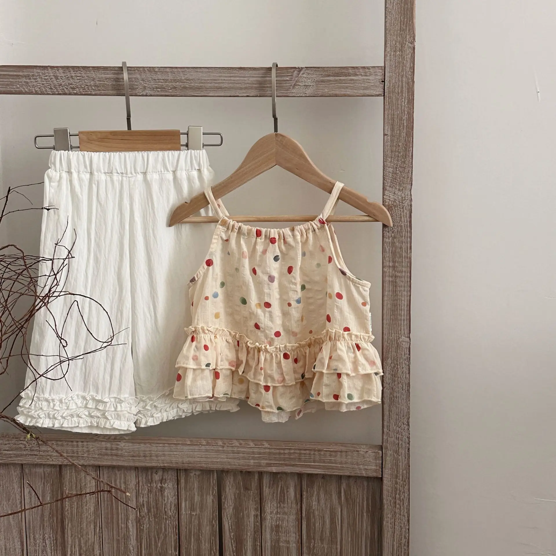2026 Summer Baby Girls Clothing Sets Colorful Polka Dot Camisole Tops And Wide Leg Pants Suits Toddler Outfits 2PCS