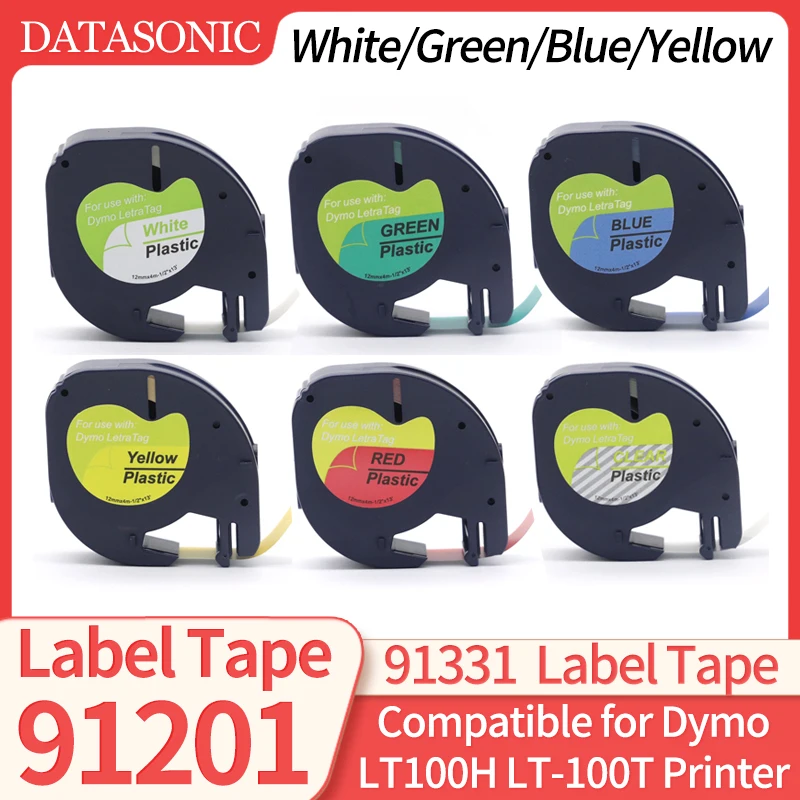 20pcs 91201 91200 12mm*4m Compatible for DYMO Letra Tag Label Tape LT-100H LM920 12267 18771 91202 91203 91204 91205 Printer