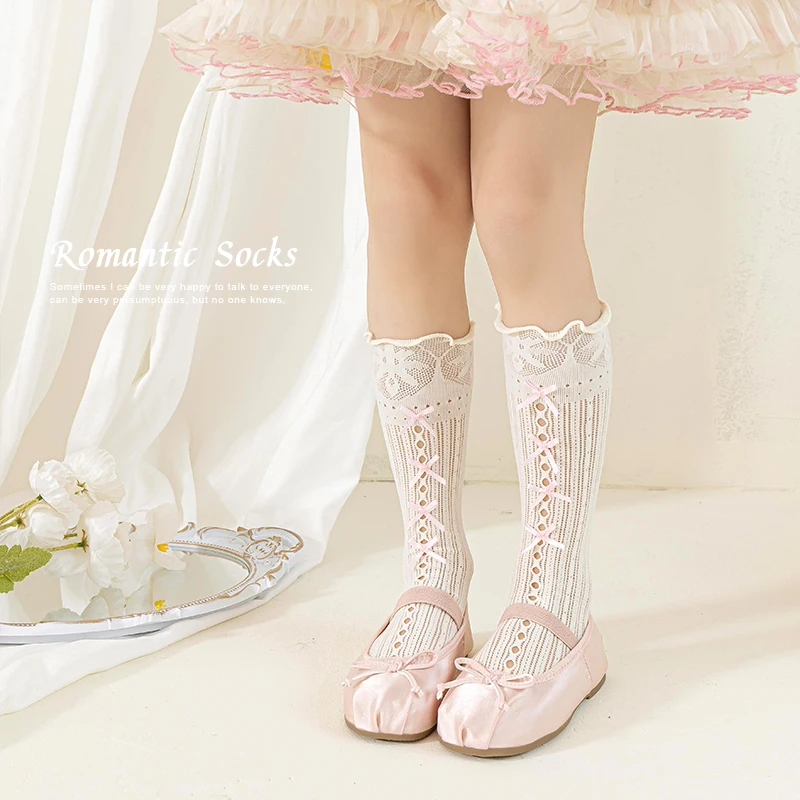 جوارب لوليتا كلاسيكية للأطفال ، جوارب شبكية مجوفة ، جوارب طويلة بعقدة فراشية ، جورب الأميرة كاواي ، فوق الركبة ، فتيات جميلات ، طفل