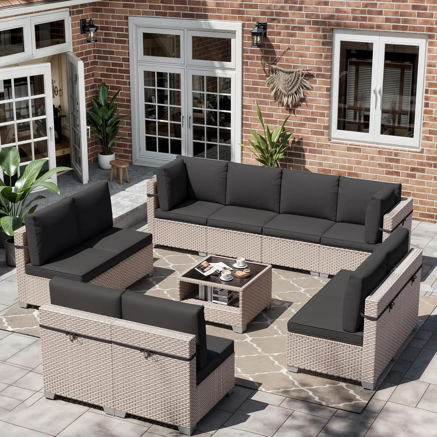 

Комплект из 11 предметов: модульный диван из ротанга для патио с толстыми подушками, кофейный столик с отсеком для хранения, для террасы, сада, зоны у бассейна, черный, на заказ