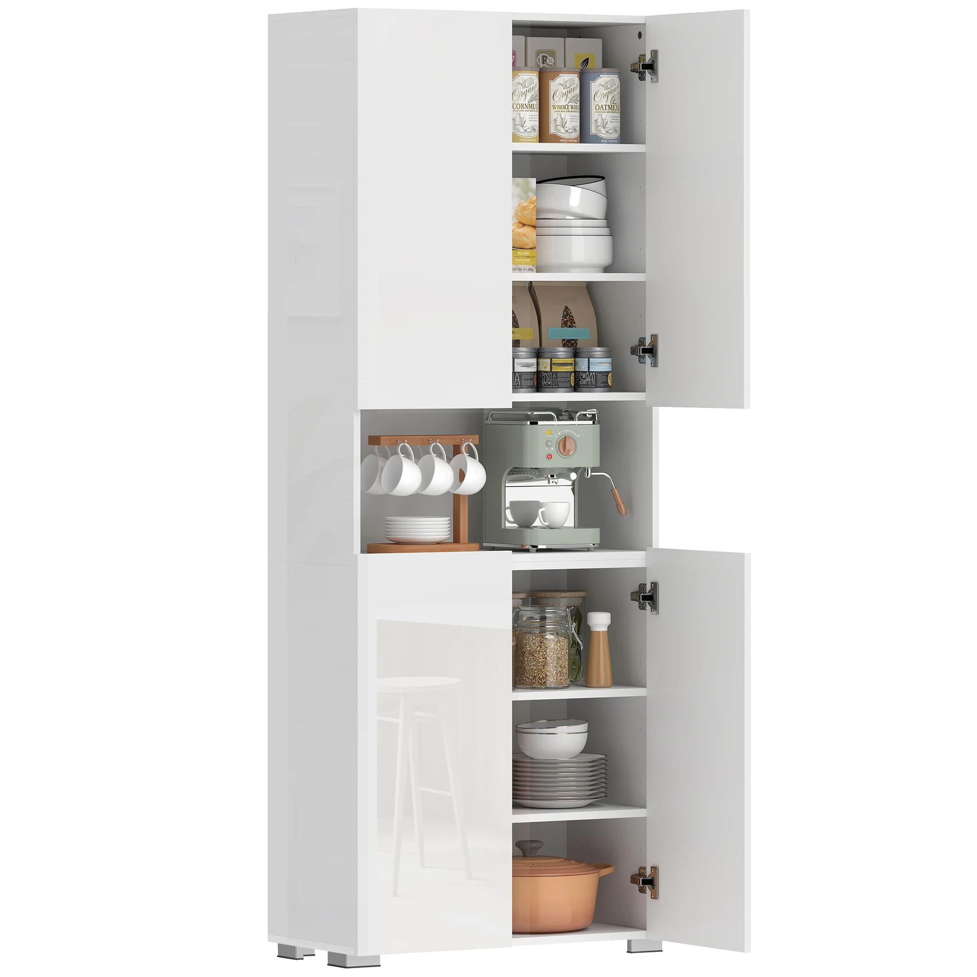 HOMCOM Alacena de Cocina con 4 Puertas Compartimento Abierto Blanco Brillo