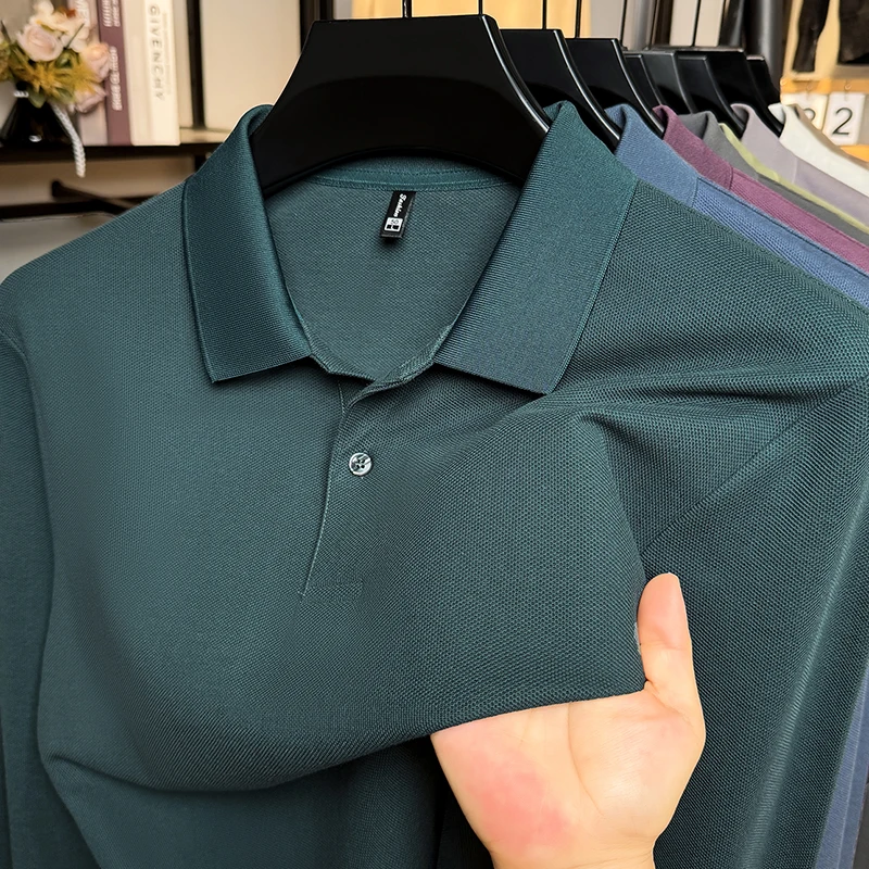 

High end 100% cotton long sleeve men's polo shirt comfort luxurious classic solid color spring autumn versatile casual T-shirt
