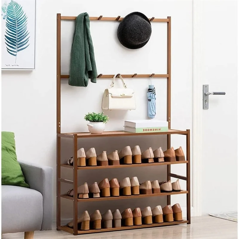 3 in1 Entryway Coat Rack Hall Tree Shoe Storage Stand Shelf Scarf Handbag Hangers Footwear Storage Vintage Wooden