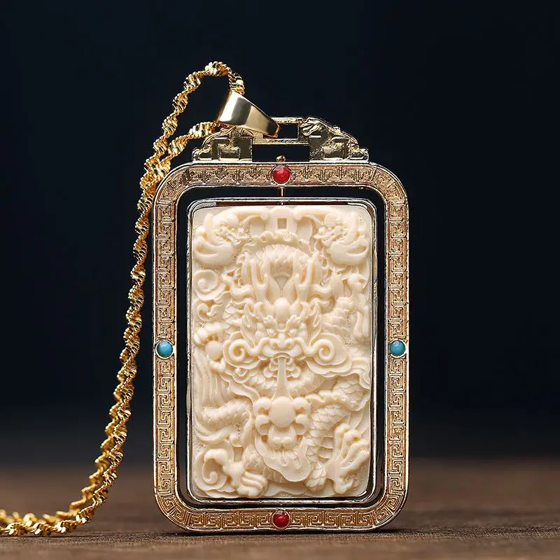 

New Natural Fidelity Carved Ivory Fruit Silver Inlaid Dragon Guanyin Guan Gong Zodiac Guardian Buddha Pendant Good Lukcy Amulet