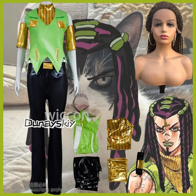

Ermes Costello 코스프레 Jo Stone Anime Ocean Costume Green Sexy Punk Leather Uniform Vest Top Pants Y2k Cos Lace Wigs Customized