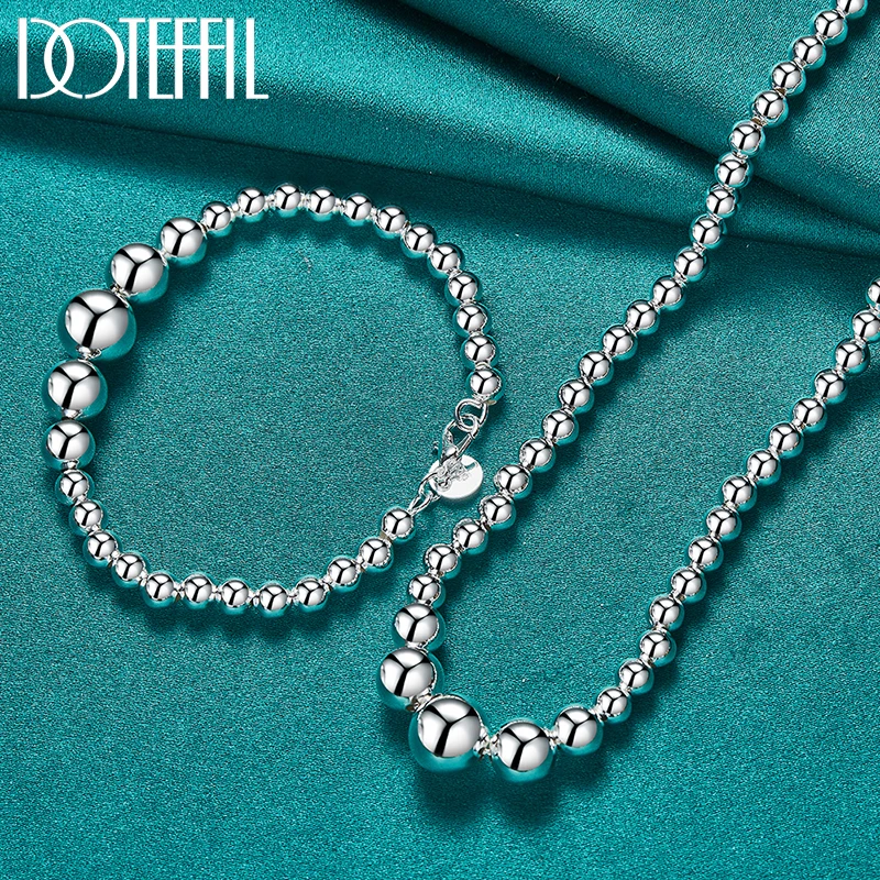 

DOTEFFIL 2pcs 925 Sterling Silver 6 8 10 12mm Smooth Bead Ball Chain Bracelet Necklace Set For Women Man Fashion Wedding Jewelry