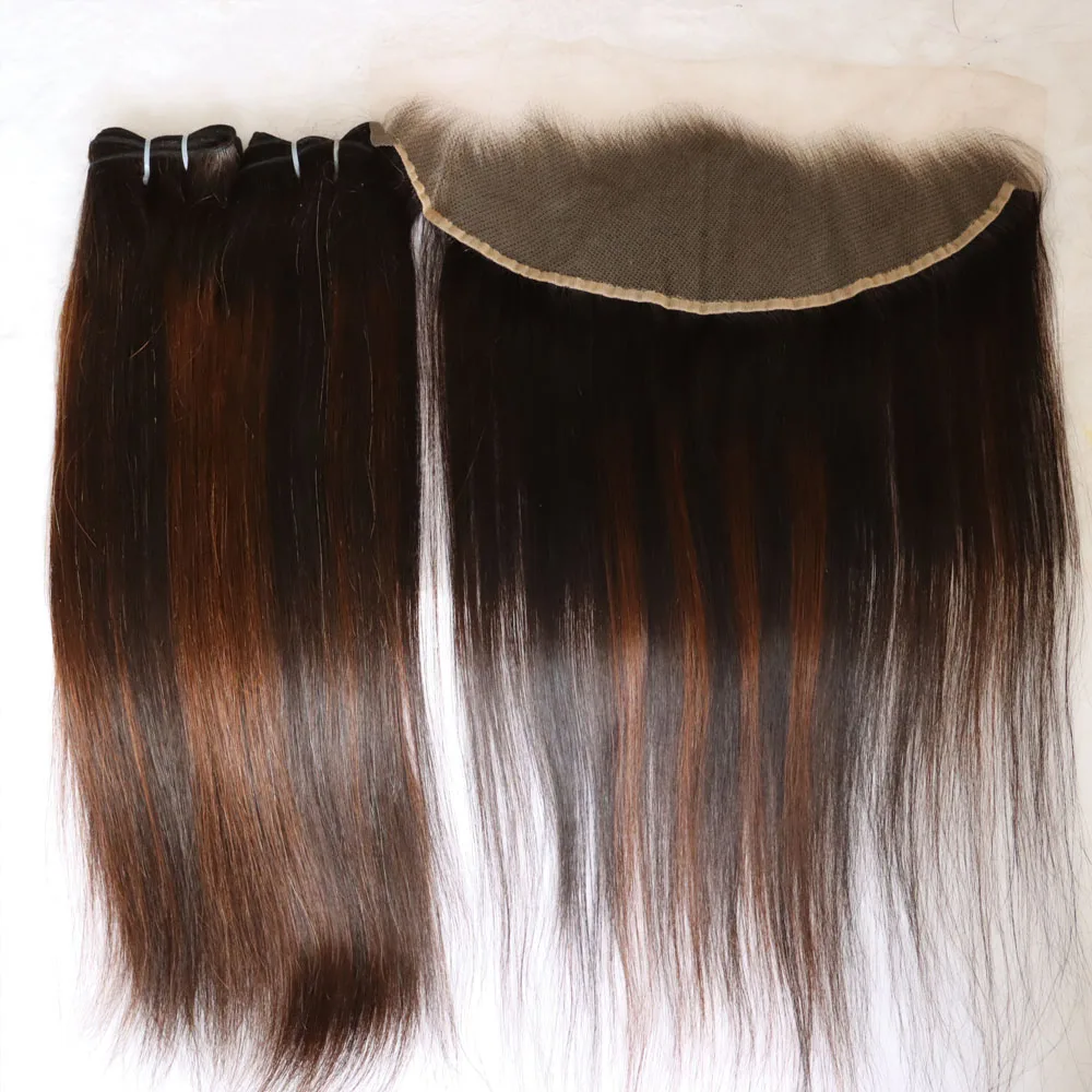 تسليط الضوء على بني فاتح 1B 4 أومبير عذراء ريمي الشعر البشري الهندي حزمة لحمة مع الدانتيل الشفاف إغلاق أمامي انخفاض الشحن