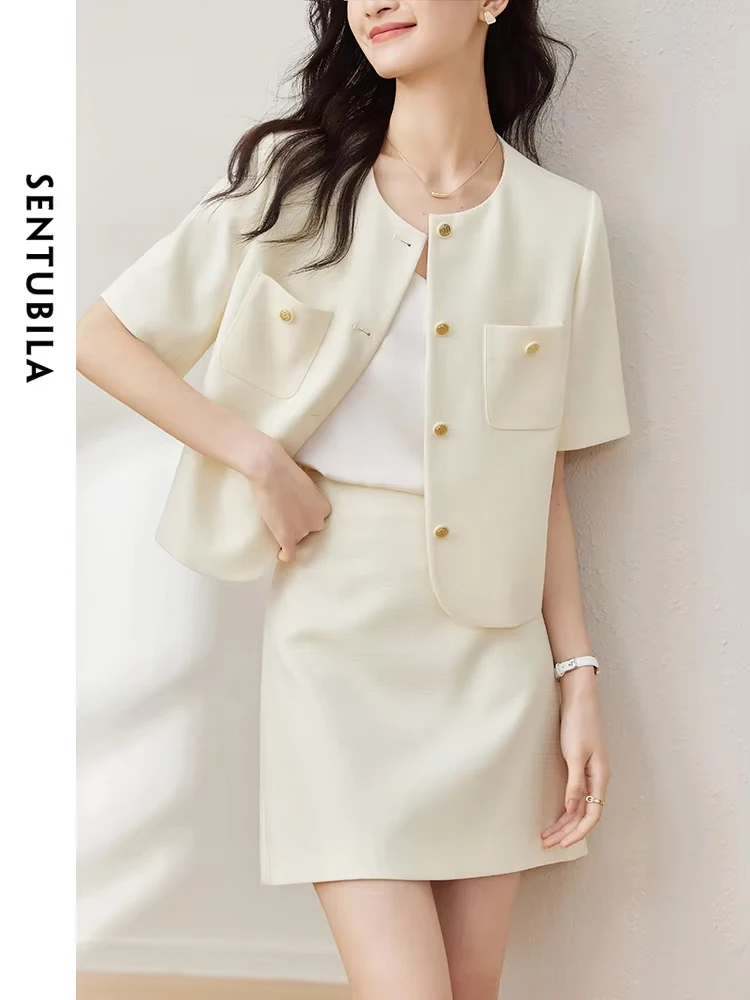 

SENTUBILA Women's Skirt Suit 2024 Summer New Elegant Short Sleeve Jacket A-Line Short Skirt Office Lady Two-Piece Set 132Z49670