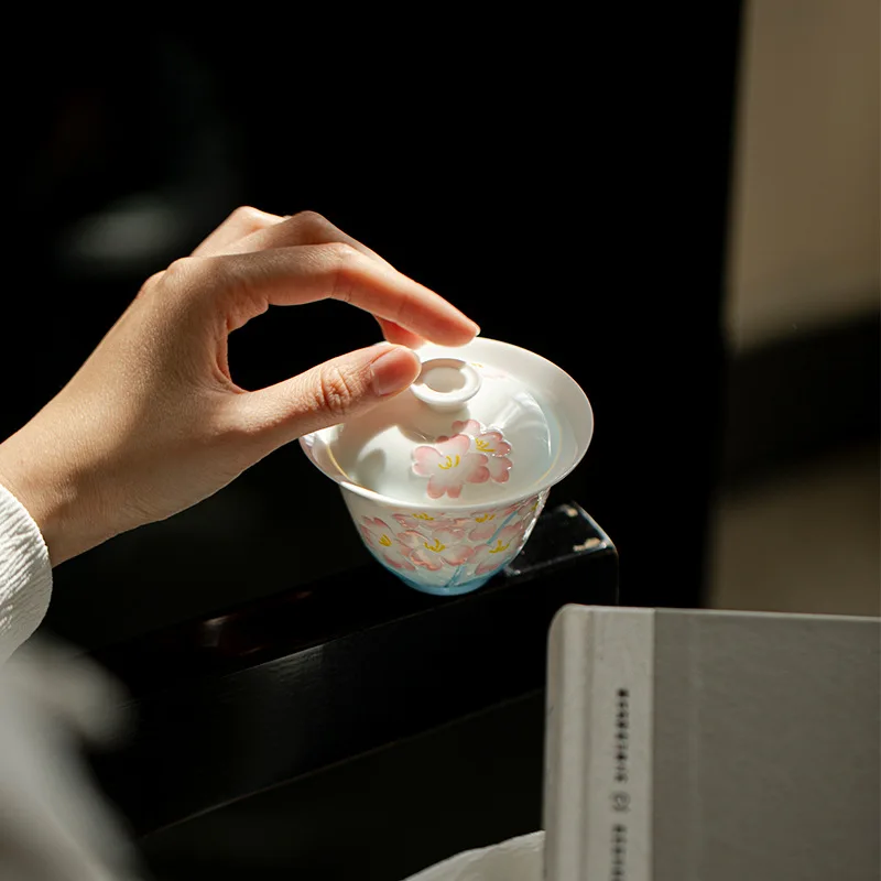 Jade Clay Water Lily Hand-painted Thin-walled Ceramic Kung Fu Set Household Imitation Hot Tea Bowl Gaiwan