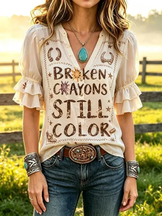 Ladies Boho Western Cowgirl Shirt Notched V‑Neck Half Button Double Ruffle Short Sleeve Retro Slogan Graphic Print Casual Blouse