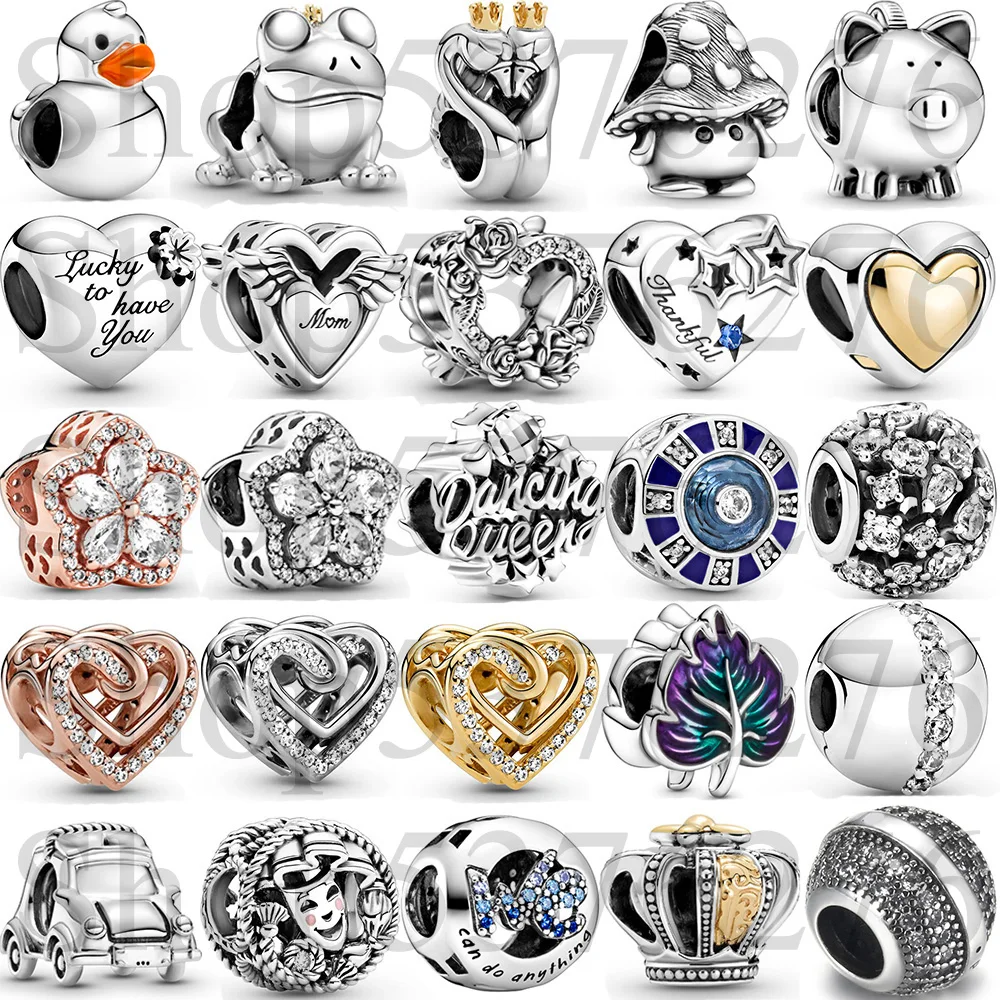 

925 Sterling Silver Bead Two-tone Regal Crown Swan Frog Prince Piggy Charm For Fashion Women Bracelet Bangle Gift DIY Jewelry