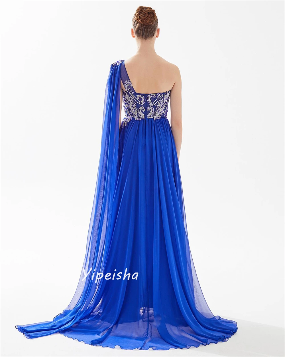 Yipeisha Fashion High Quality One-shoulder A-line Applique Draped Floor length Skirts Chiffon Prom Dresses