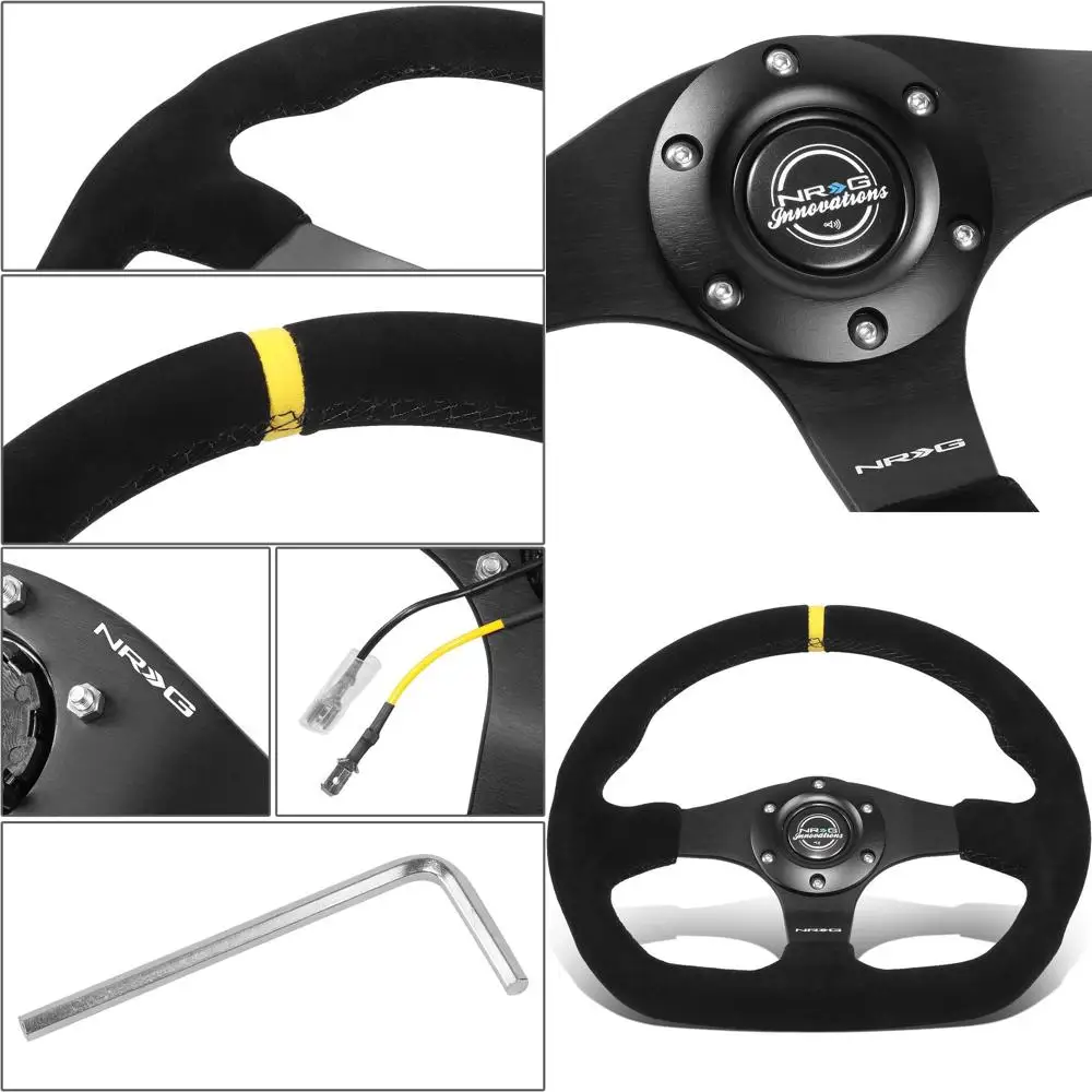 

NRG-RST-024MB-S-Y Усиленное рулевое колесо — спортивное замшевое плоское дно 320 мм с желтой центральной меткой