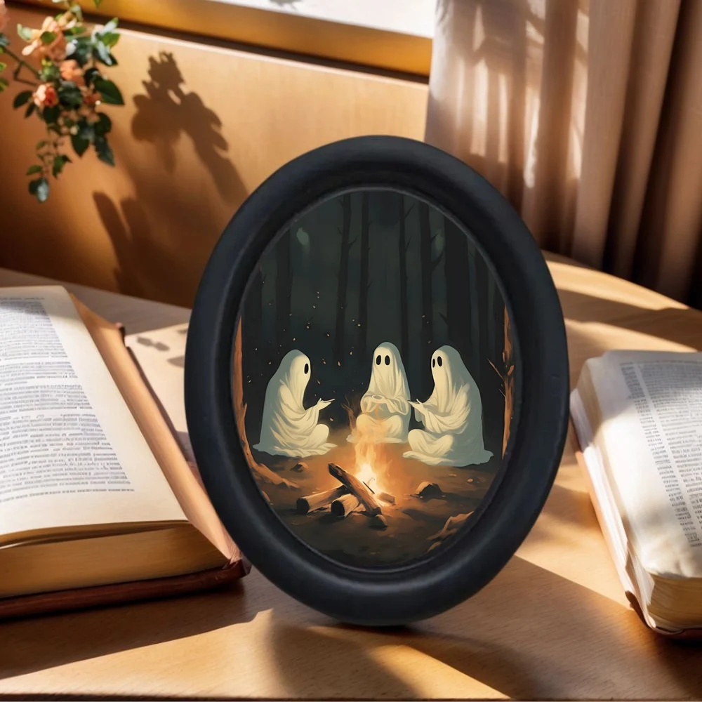 1 Piece of Vintage Halloween Decorative Wall Art Featuring Three Ghosts Chatting - Handmade Oval Wooden Wall Art (5.25* 4.16inch), Oval Decoration, Halloween, Christmas, Thanksgiving Victorian Room Dark Decoration, Little Ghost Decorations
