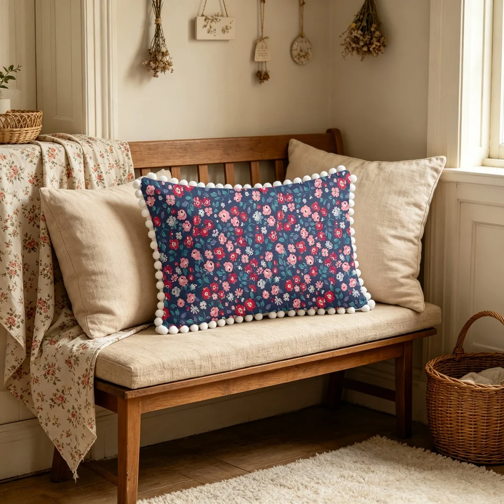 1PC White Background with Blue White Grey Abstract Flowers, Modern Art Misty Floral Long Pillow Cover with Pom Pom Trim
