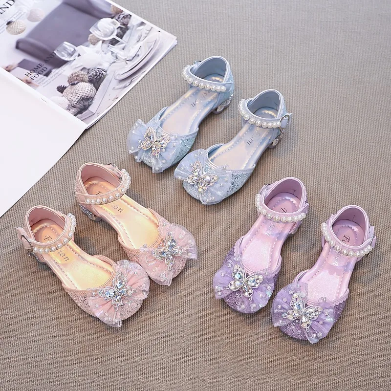 

Girls Half Sandals Children Sequins Princess Sandals with Lace Butterfly Kids Toes Capped Low Heel Party Dress Shoes Size 26-34