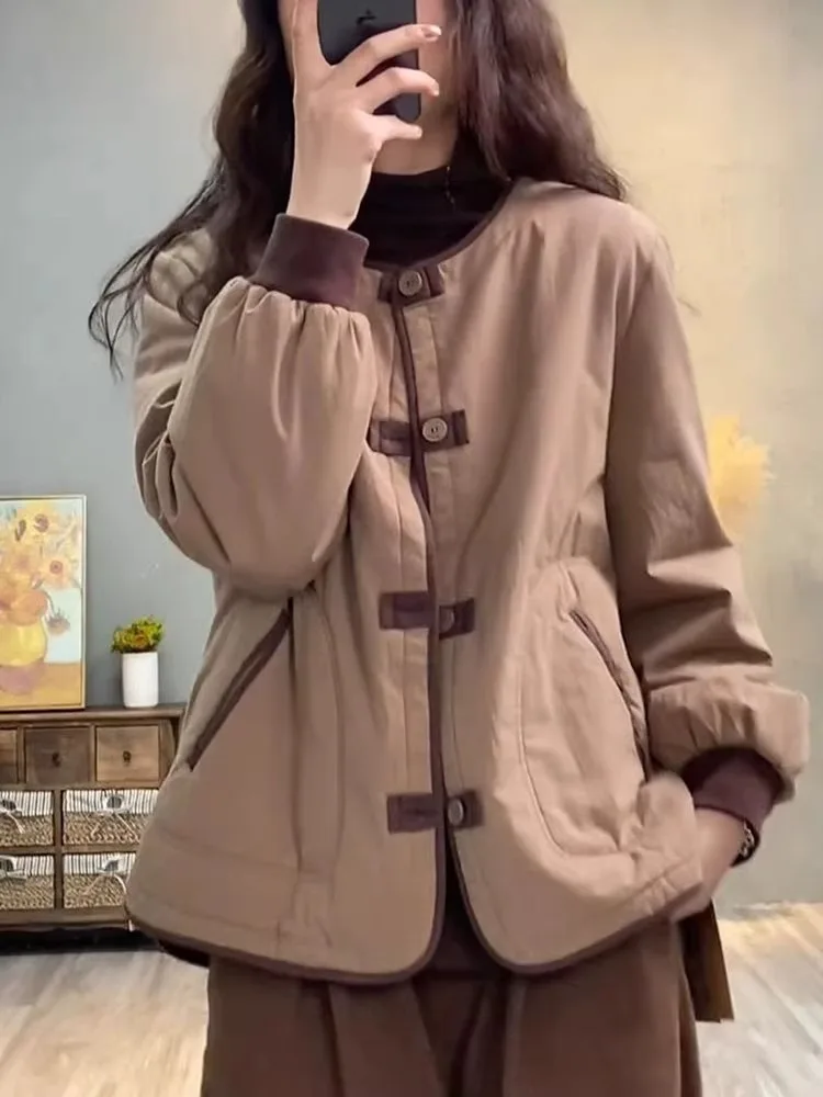 Thickened Short Cotton Jacket for Women Retro Style Button Design Warm Cotton Clothes Casual Color Block Coat Lightweight