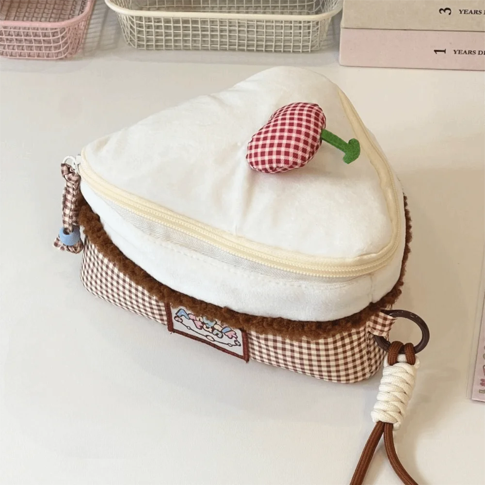 Kawaii Cherry Makeup Bag Triangular Cake Flip Design Cosmetic Pouch Large-capacity Camera Bag Women