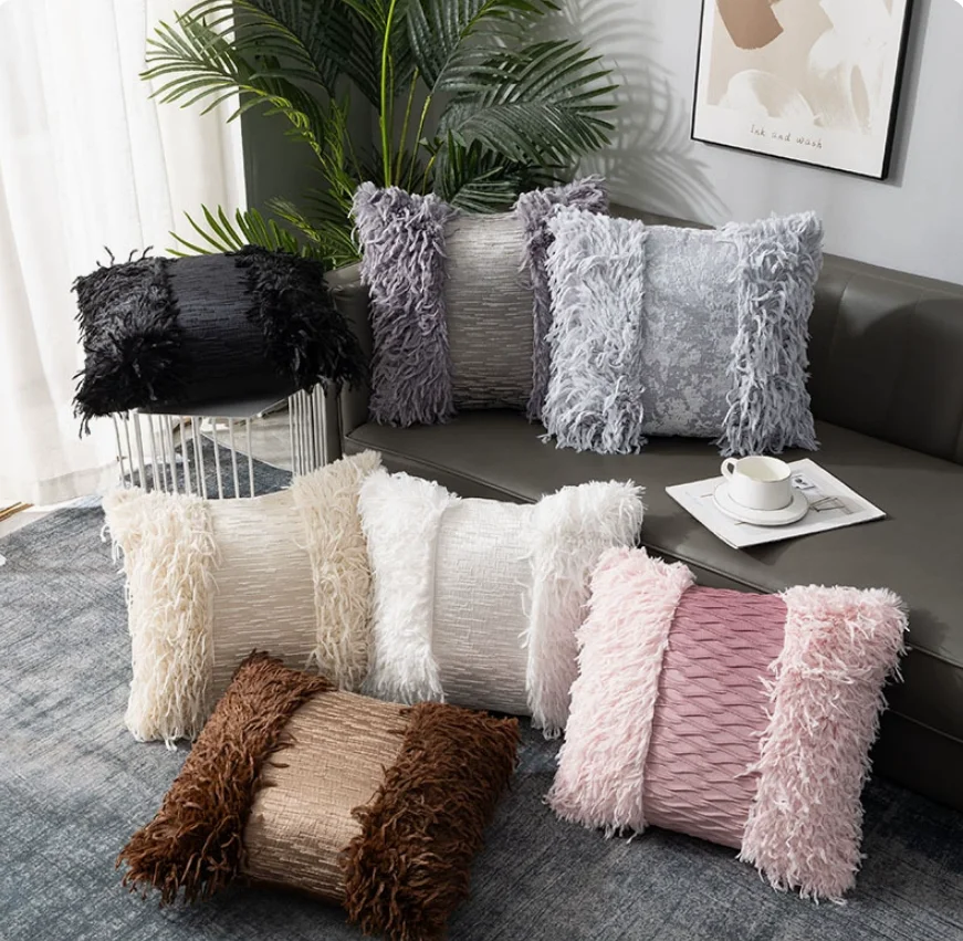 Modern Minimalist Two-Tone Spliced Cushion Cover Pink Shaggy Fringe Patchwork Throw Pillow Case for Sofa Living Room Bedroom