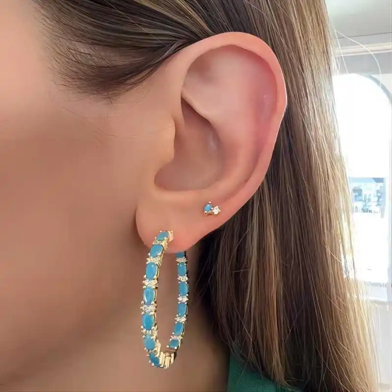 Simple Blue Turquoise CZ Big Hoop Earrings 35mm/25mm Cubic Zirconia Gold Silver Color for Women Fashion Jewelry for Party Trendy