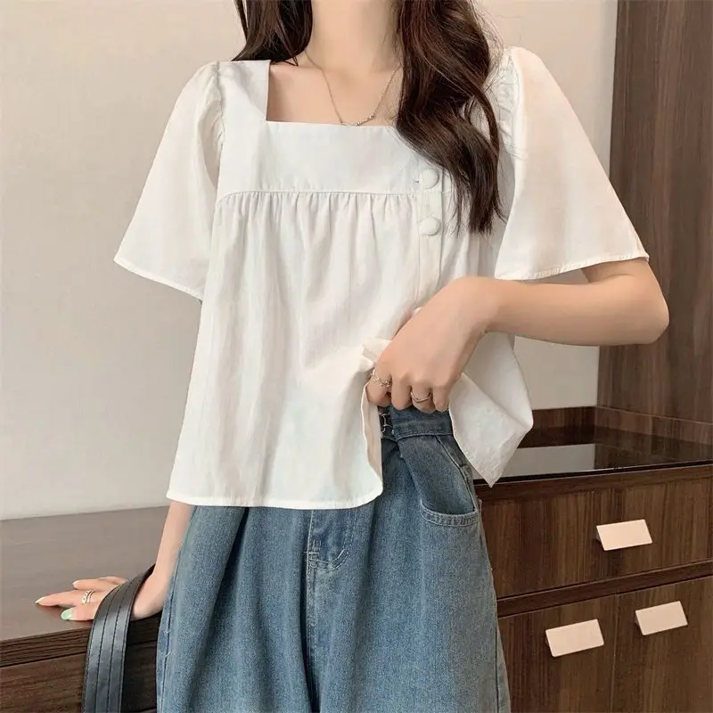 Blouses Women Temper Solid Irregular Tops Square Collar Loose Casual Summer French Style Chic All-match Simple Streetwear Sweet