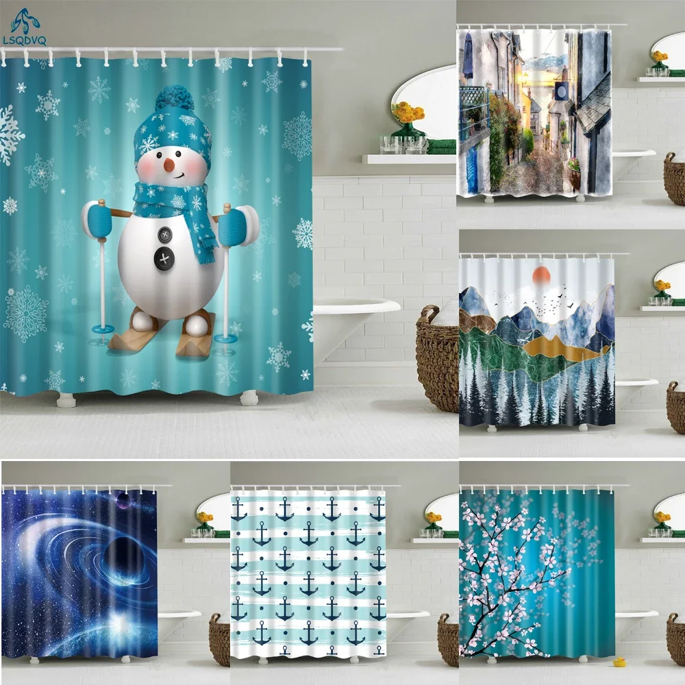 Christmas Shower Curtain Shell Snowman Flower Lighthouse Shower Curtains Bathroom Curtain Frabic Waterproof Polyester with Hooks