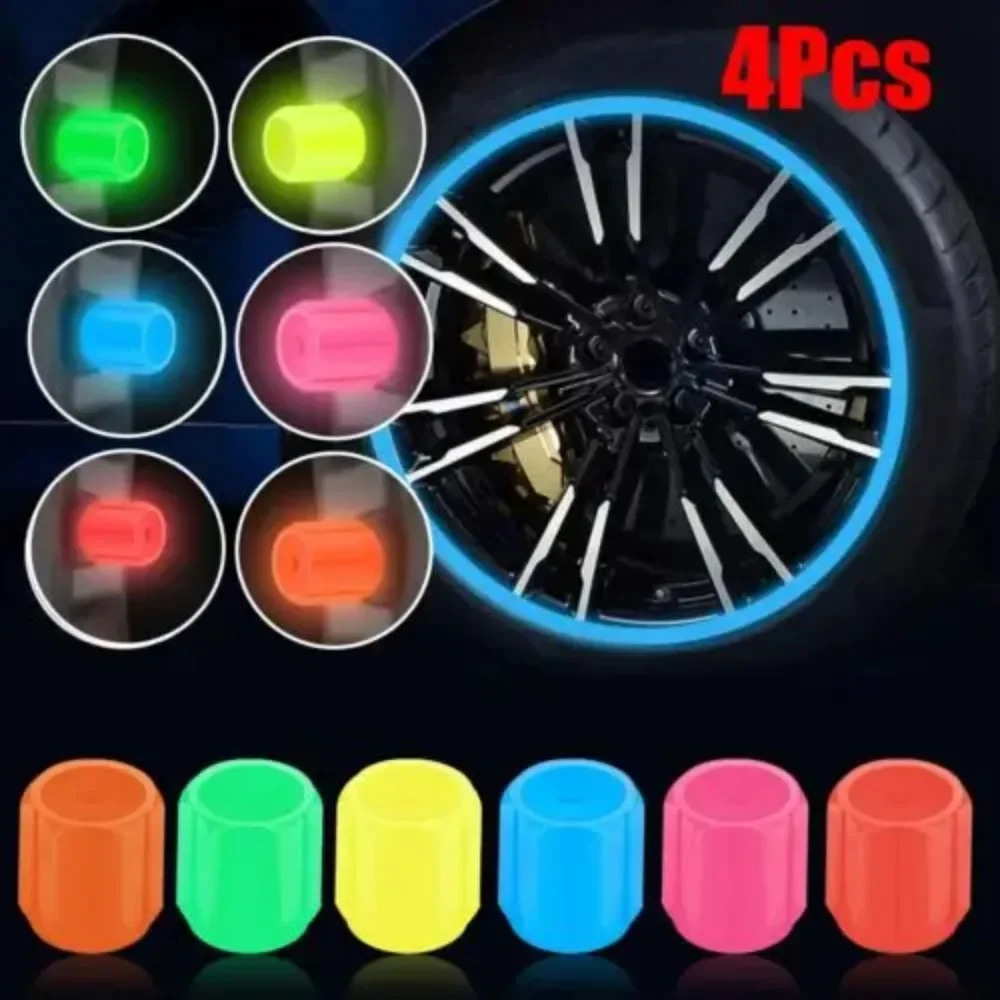 4 Pcs Car Luminous Wheels Tire Valve Caps Fluorescent Night Glowing Motorcycle Bicycle Bike Wheel Tyre Hub Valve Stem Caps Decor