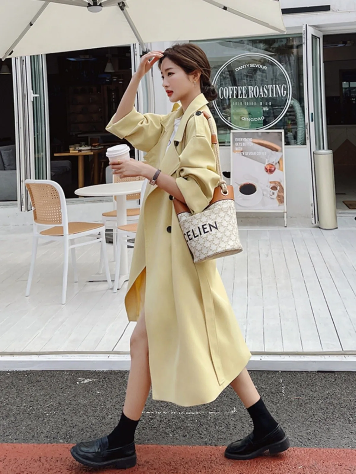 

Желтое женское пальто средней длины в корейском стиле, весна-осень, новинка, маленький размер, с поясом, очень красивое