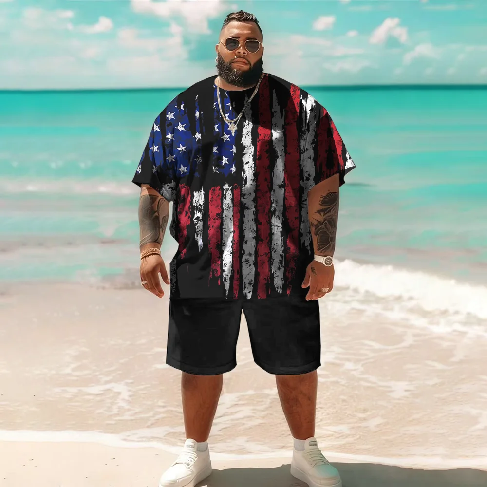 

S-9xl Большой и высокий комплект с короткими рукавами больших размеров (Элемент флага): — Прочный легкий материал, Стильные детали с принтом флага,