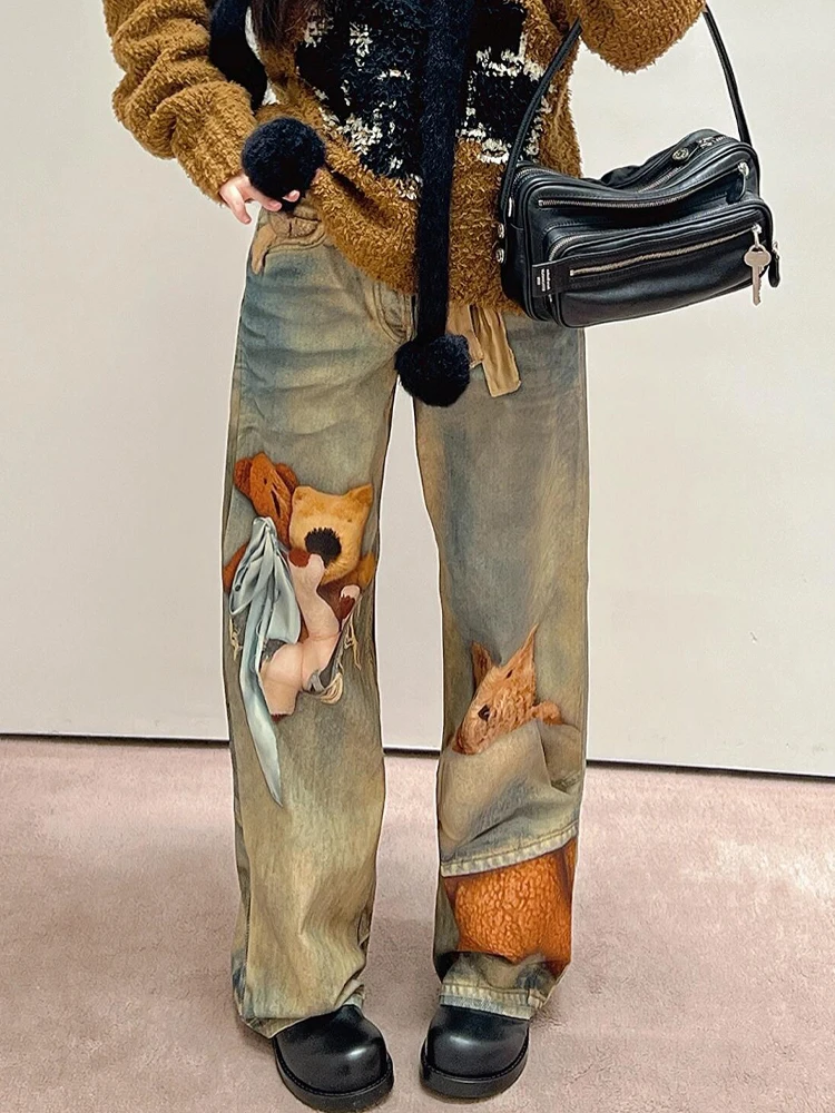 

American High Street Heavyweight Design Bear Illusion Print Denim Pants Women Sexy Retro Trendy Floor-Length Trousers