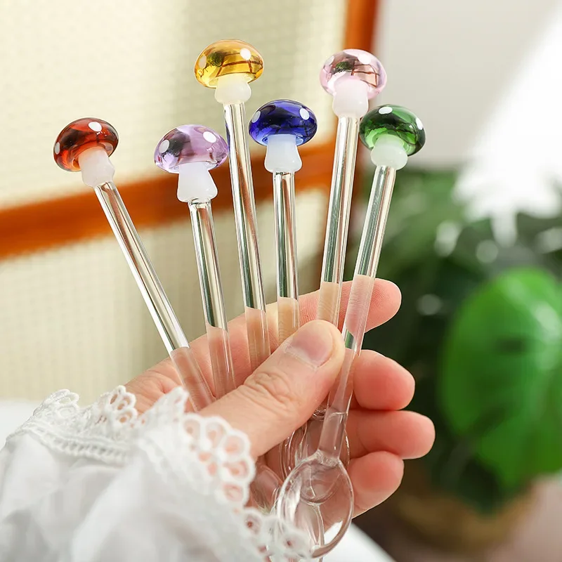 

w Cute 3D Mushroom Glass Spoon Set, Heat-Resistant Borosilicate Glass, Long Handle Stirring Spoon for Coffee & Milk, Colorful