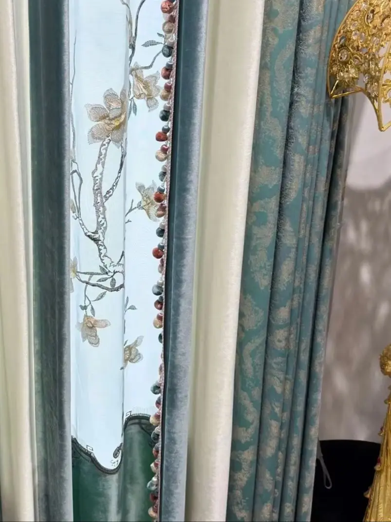 Custom Size Luxury European Embroidered Blue-green Gilded Valance Jacquard Mosaic Curtains for Living Room Bedroom Window Decor