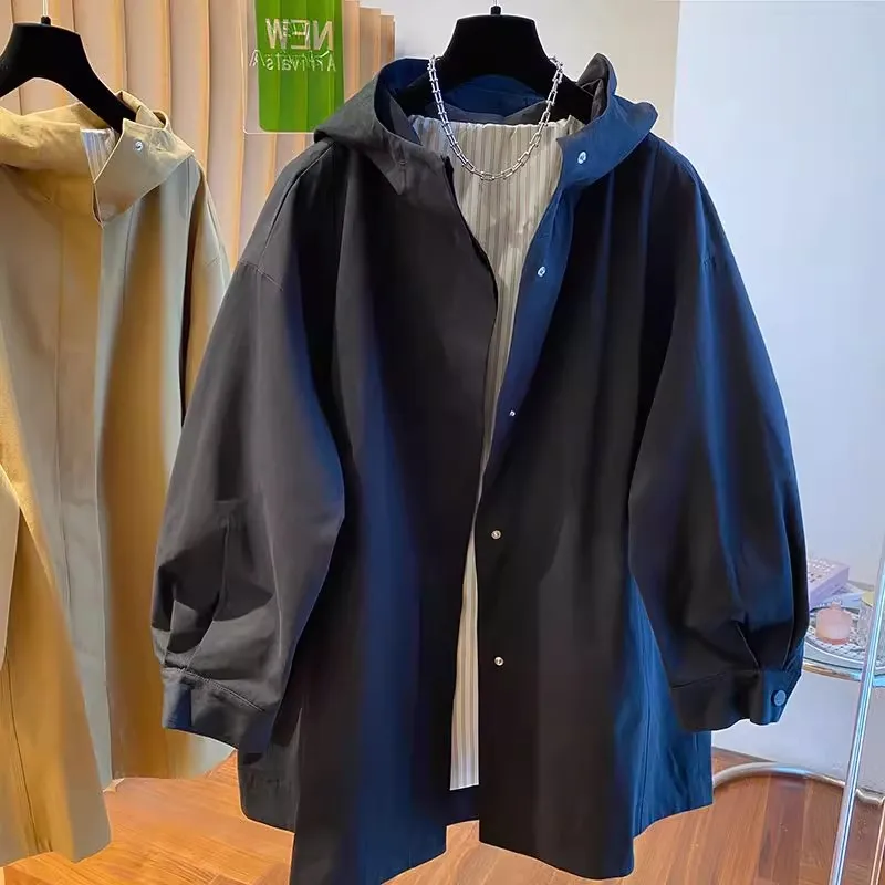 

Свободное мужское длинное пальто с капюшоном Jaet 300 Pou, корейское повседневное длинное пальто на весну и осень, модное пальто из полиэстера с двойными пуговицами