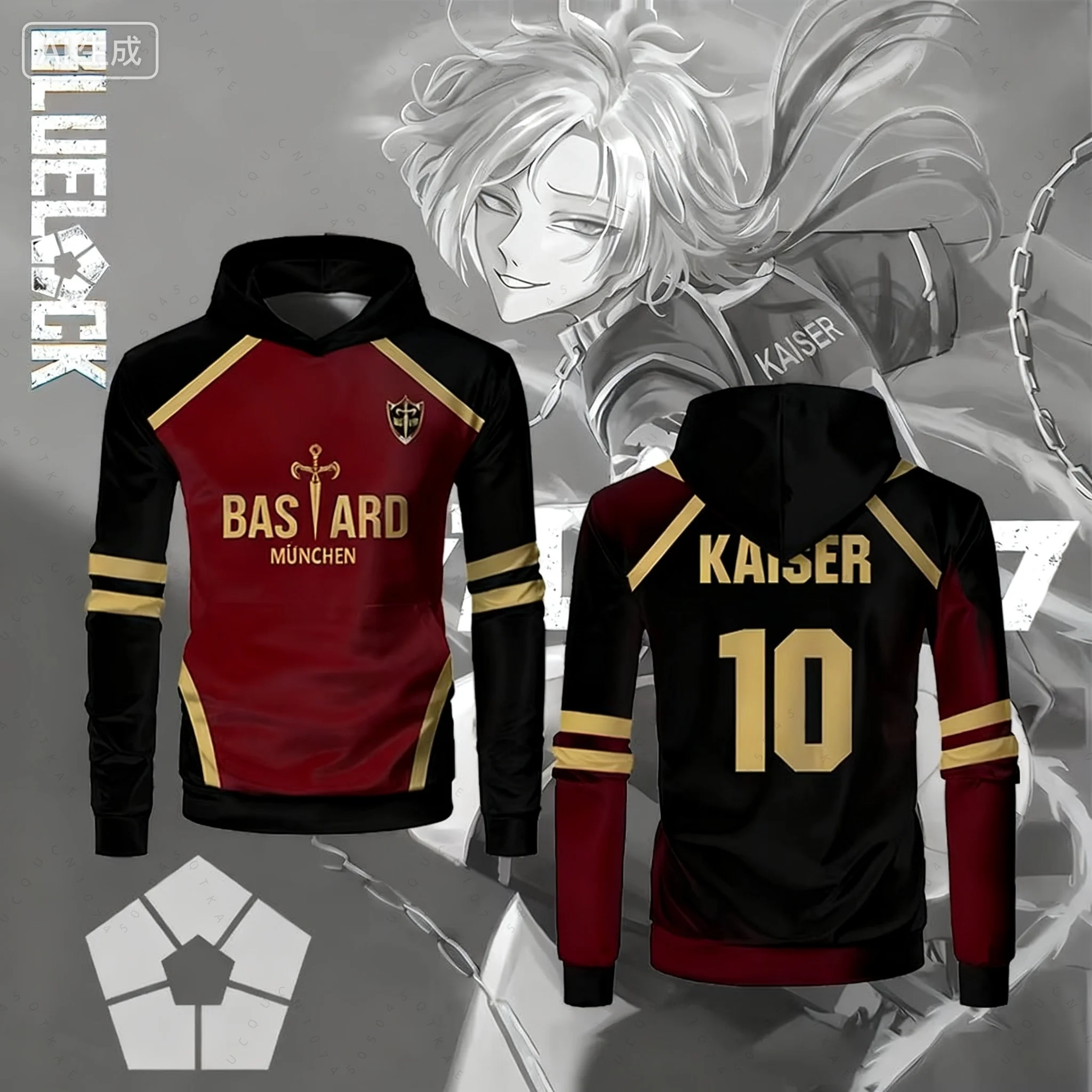 2026 Blue Lock Anime Bastard München Team Uniform Sports Hoodie No. 10 Kaiser Long-Sleeved Sweatshirt Men Women Child Sweatshirt