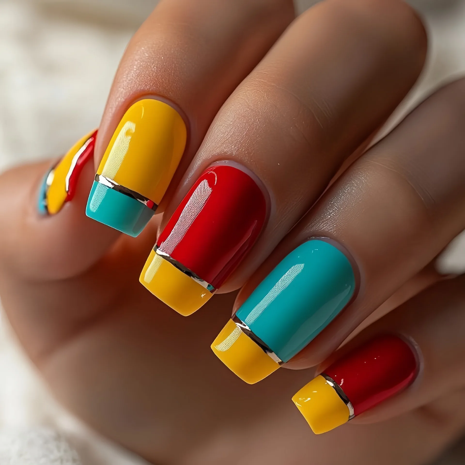 Mittellange künstliche Nägel für Frauen und Mädchen, Y2K-Farbblock-Streifen, Ballett-Mandel-Nagelspitze, zum Aufdrücken, künstliche Nägel, Set für schnelle Maniküre