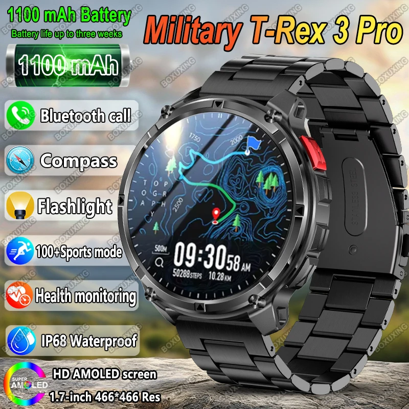 

2025 New Military T-Rex 3 Smart Watch Men 1100mAh Battery AMOLED IP68 Waterproof Outdoor Compass Bluetooth Call Sport Smartwatch