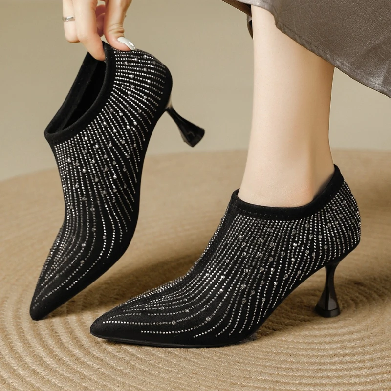 

Luxury Shiny Rhinestone Decorative Design Ankle Boots Women Sexy Black Pointed Toe Stiletto Stretch Boots Elegant Banquet Heels