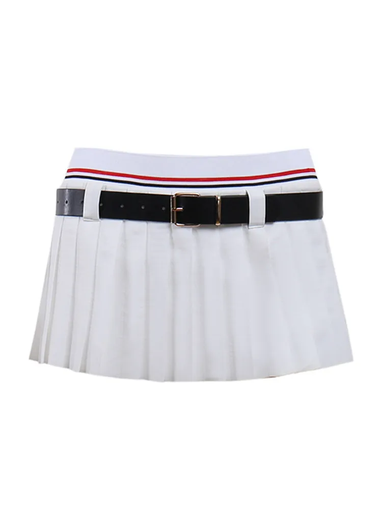 Mini jupe plissée avec ceinture, taille basse, Sexy, pour femme, vêtement Streetwear blanc, tendance, été, Y2k