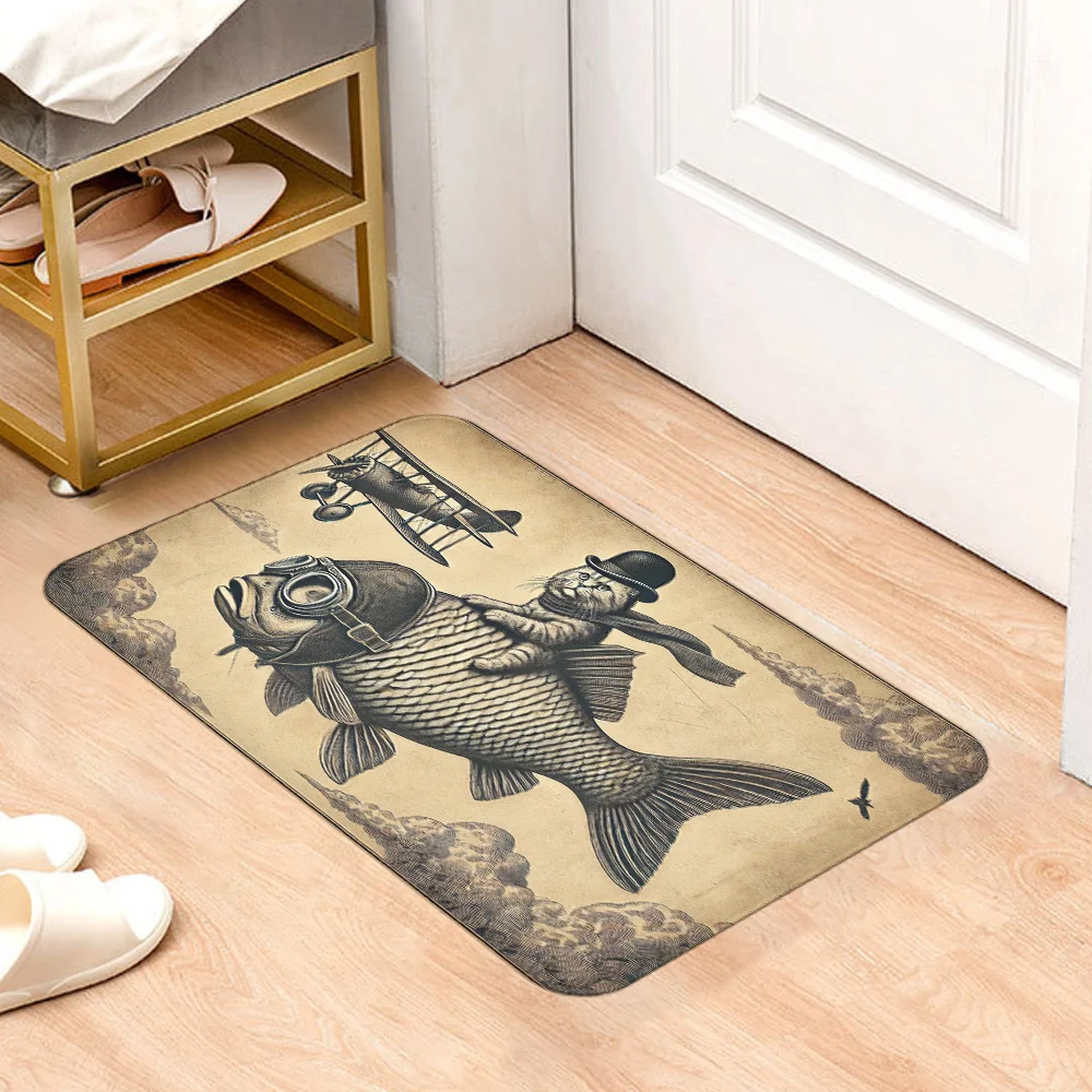 VIKAMA القط المحارب ركوب الأسماك الكبيرة السجاد مهيب سجادة باب ترحيب حصيرة لينة سجادة غرفة معيشة البساط لغرفة النوم ديكور المنزل #3