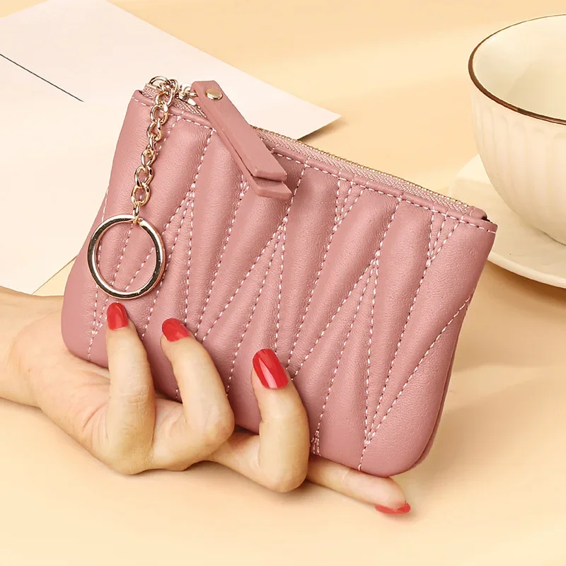 

Fashion Coin Purse Pink Zippered Wallet Kidskin Card Holder with Key Ring Mini Card Bag for Women Carteras Para Mujer 2024 New