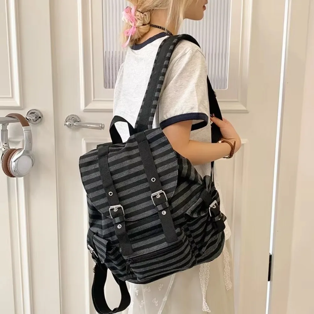 Retro Large Capacity Striped Backpack Y2K Multi-pocket Students Schoolbag Nylon Korean Style Hiking Camping Bag Girl